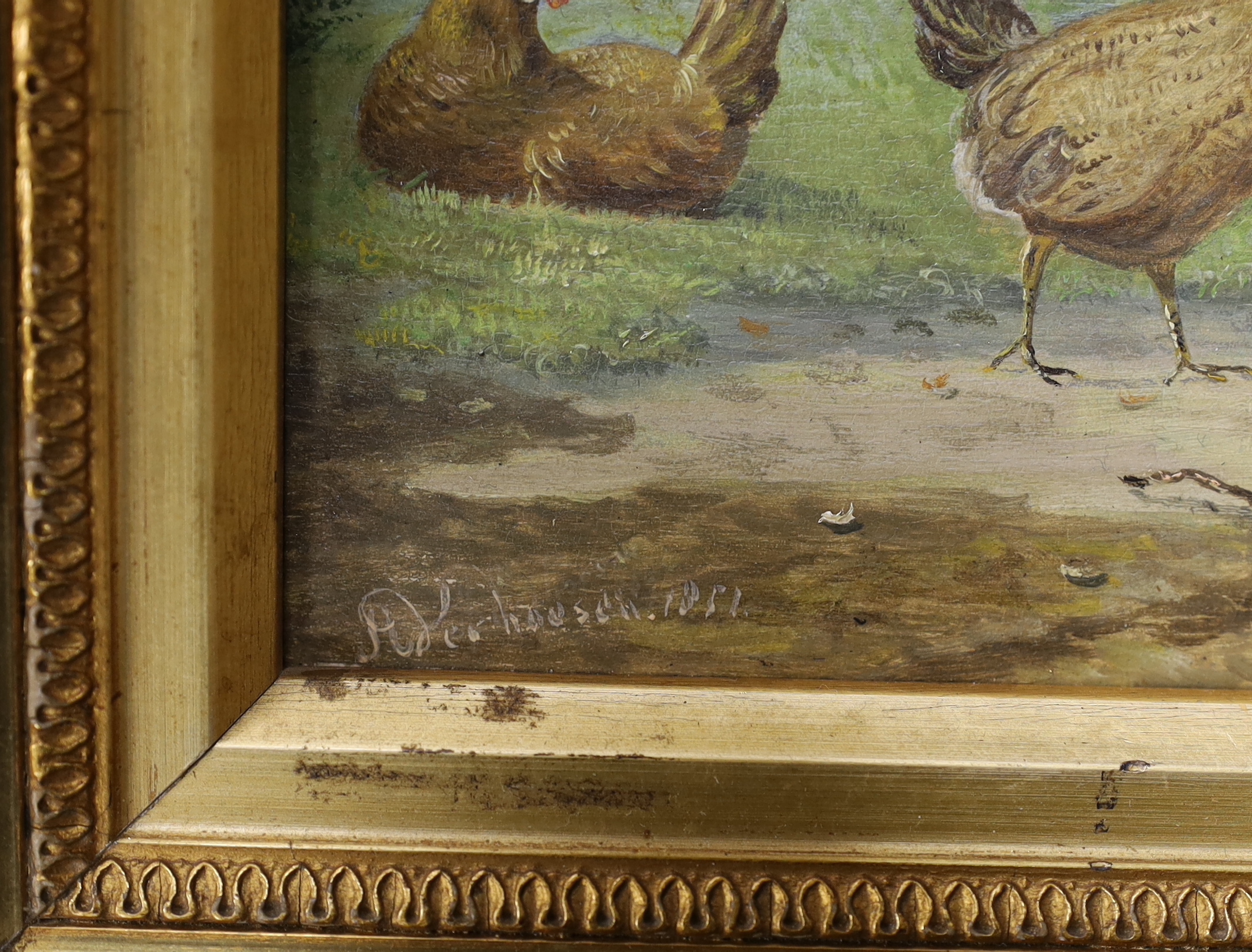 Dutch School, oil on board, Study of chickens before a landscape, indistinctly signed and dated 1851, 24 x 18cm